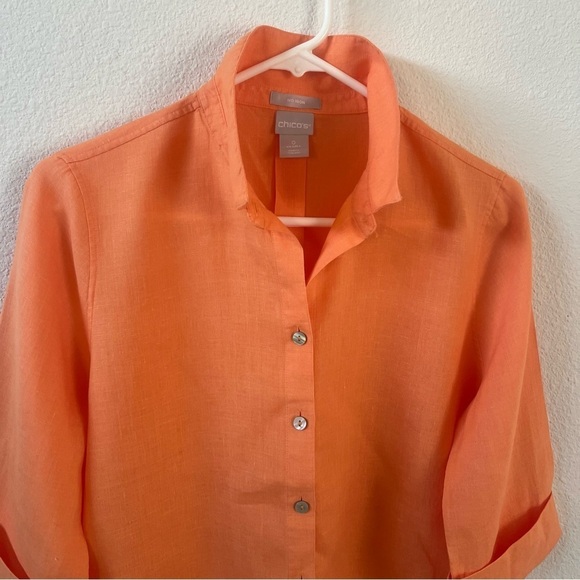 Chico’s  Orange Linen Shirt 3/4 Sleeve - Picture 2 of 9